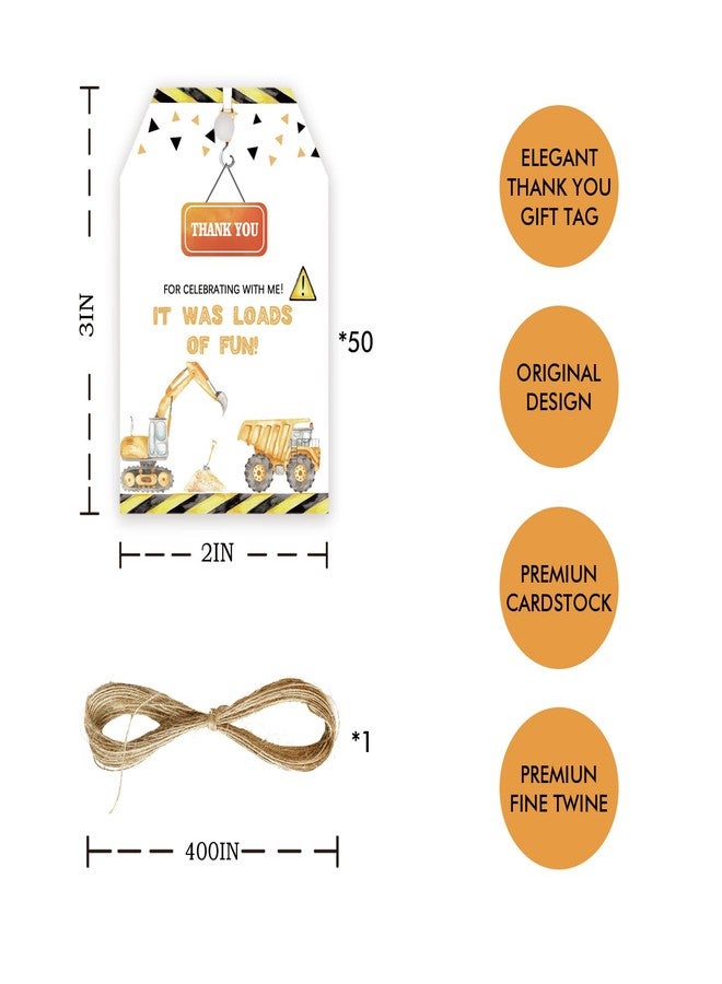 FORSHEEP 50pcs Construction Thank You Tags, Excavator Gift Tag with String for Boy Birthday Party, Dump Truck Thank You Paper Tags for Gender Reveal Party Favors - Image 2